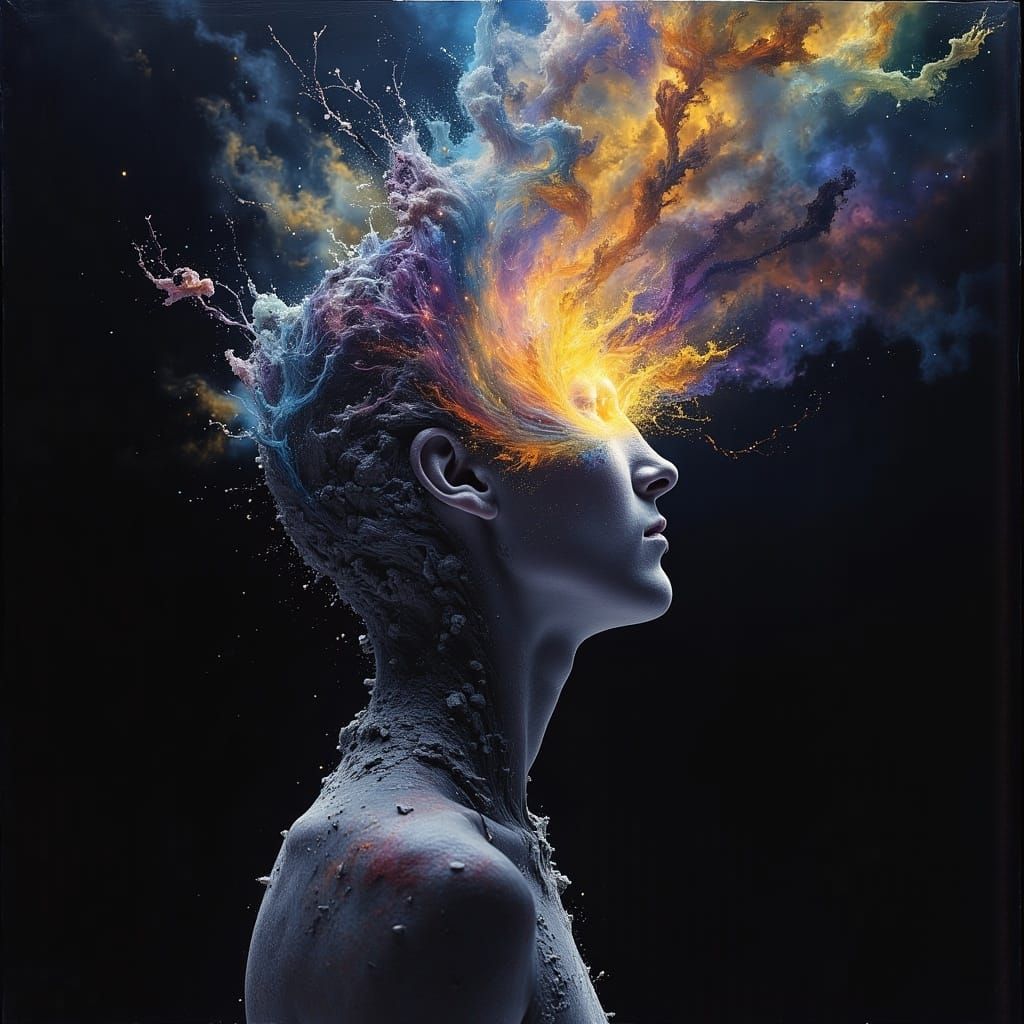 Nebula Head Figure with Crystal Shards, Dark Oil Paint