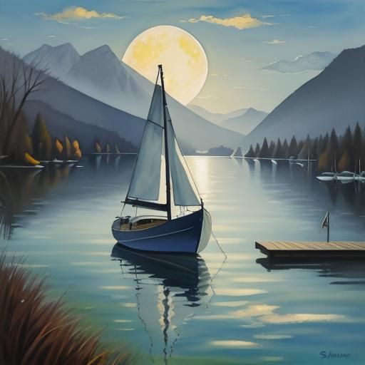 Doodle Art: Sailboat on Lake Under Full Moon