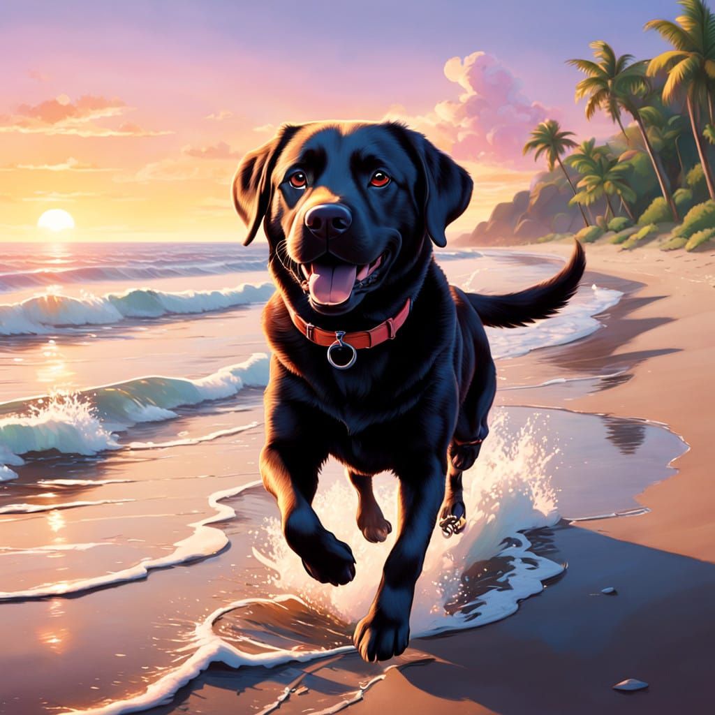 Joyful Brown Labrador Plays on Sunset Beach