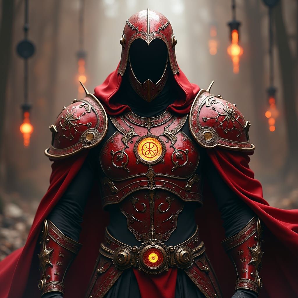 The Watcher: Mystical Steampunk Armor in Crimson Hues