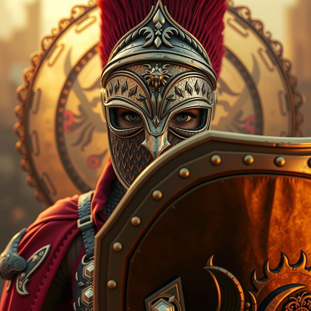 Elf Queen Woman Warrior behind a huge mirrored shield with the reflection of a battle in the shield, sharp focus, front ...