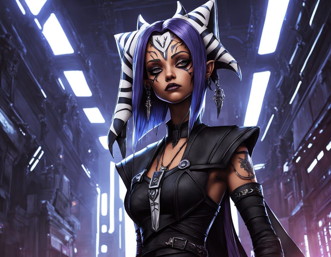 Ahsoka Tano in Nu Goth Cyberpunk Anime Style