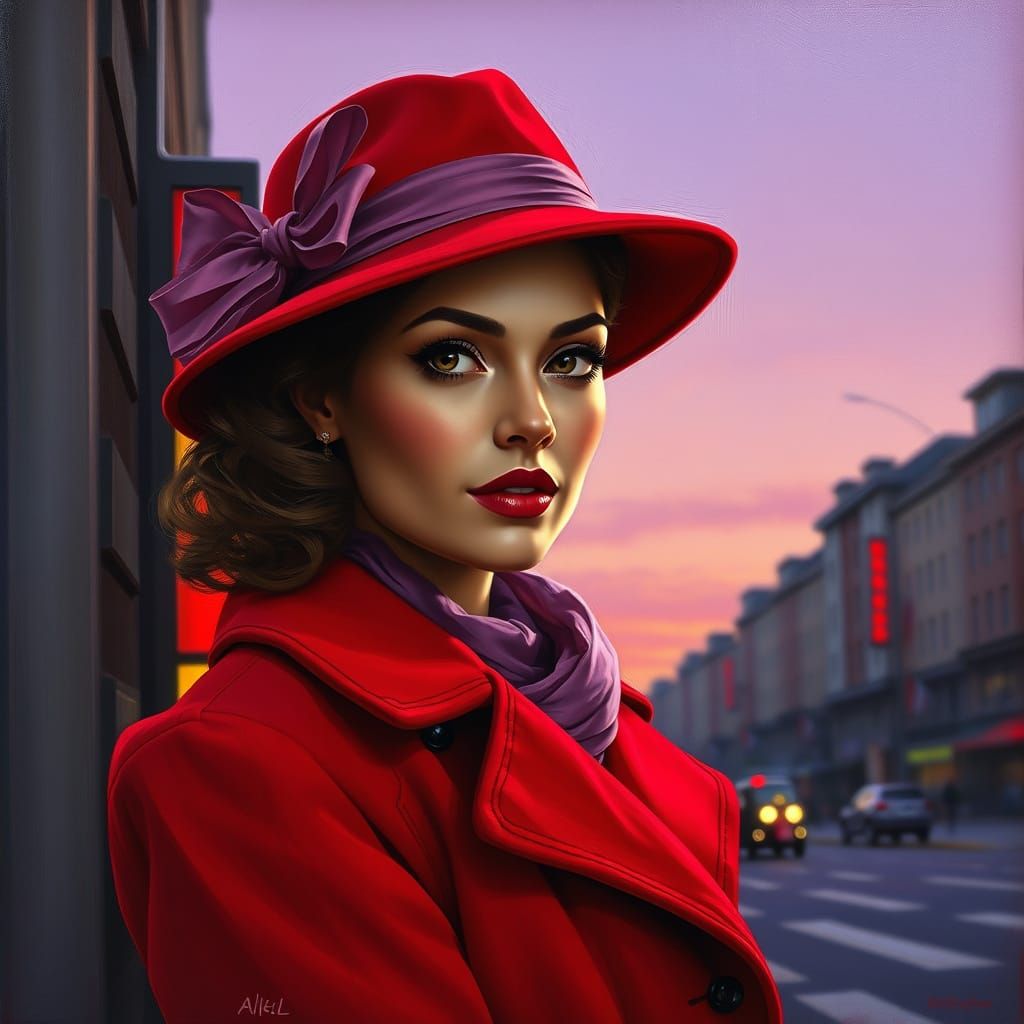 Stylish Woman in Red Coat at Twilight