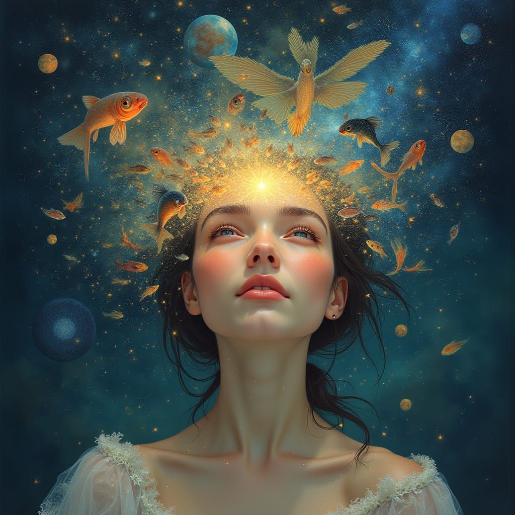 Ethereal Fantasy Woman Gazing into a Galaxy of Stars and Fis...