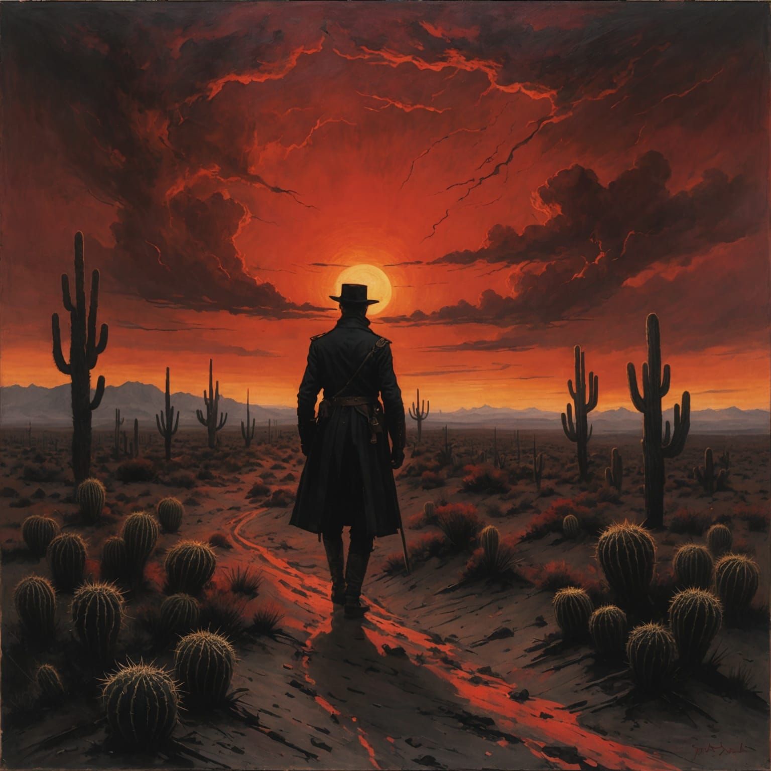 Red Sunset Over Black Desert, Symbolist Painting