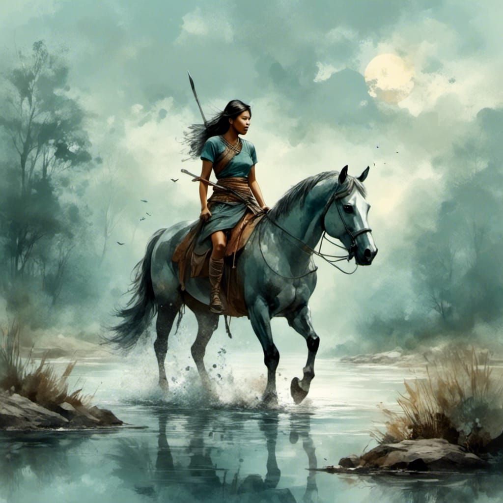 Ancient Asian Warrioress Leading Horse in Lake