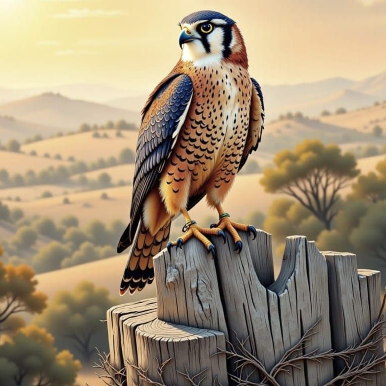 Majestic Kestrel in Flight, Renaissance-Style Watercolor