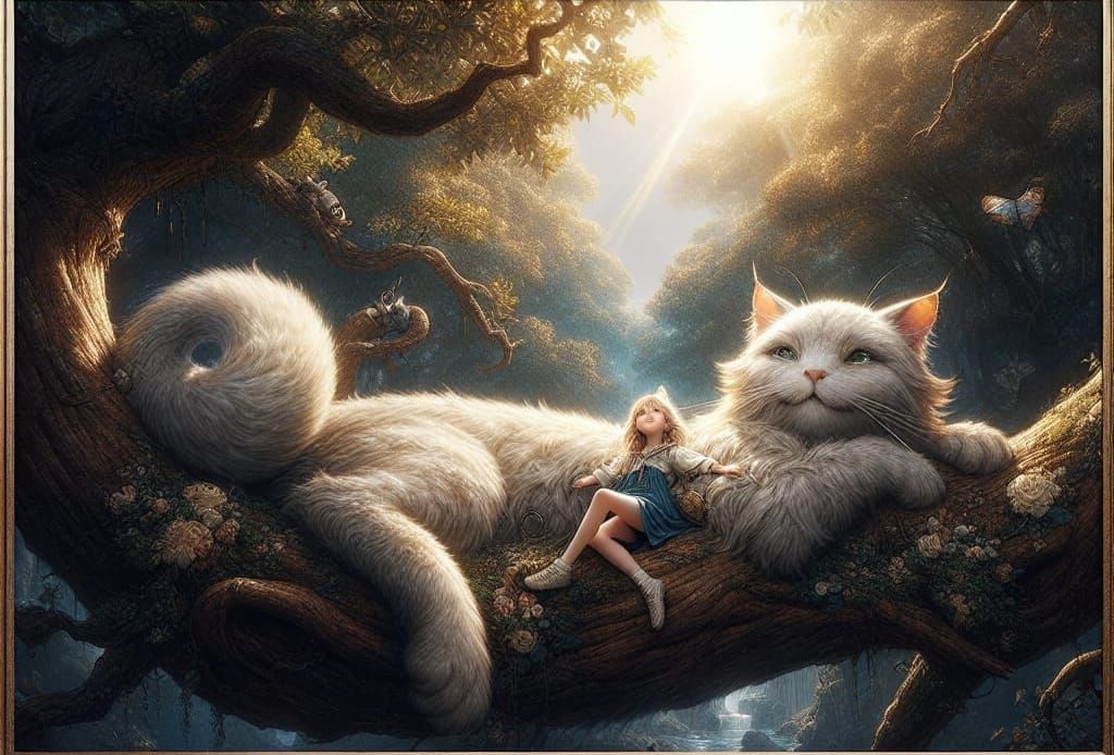 Girl and Cheshire Cat in Fantasy Landscape