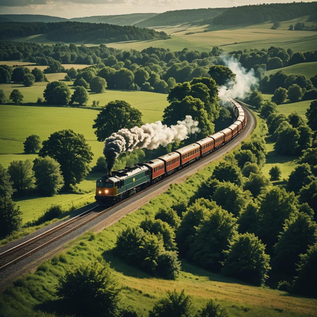 Passenger Train Rushing Through Countryside: Cinematic Still