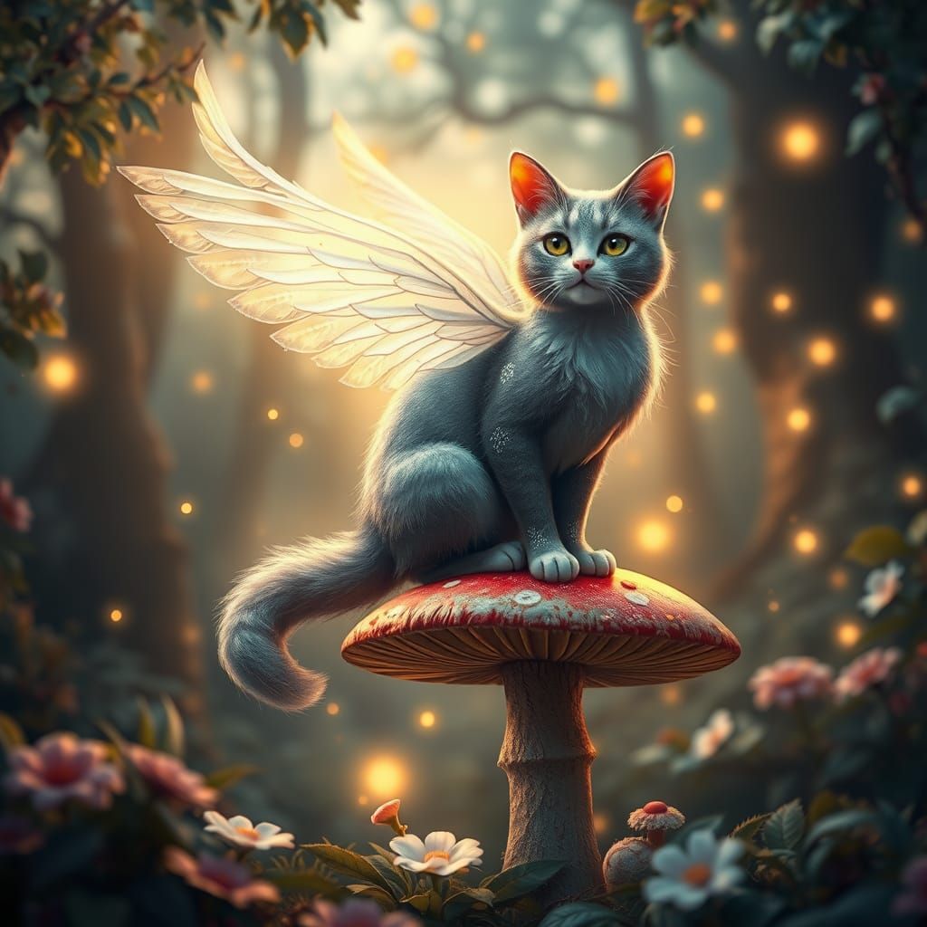 Majestic Cat in Whimsical Forest, Soft Brush Impressionism