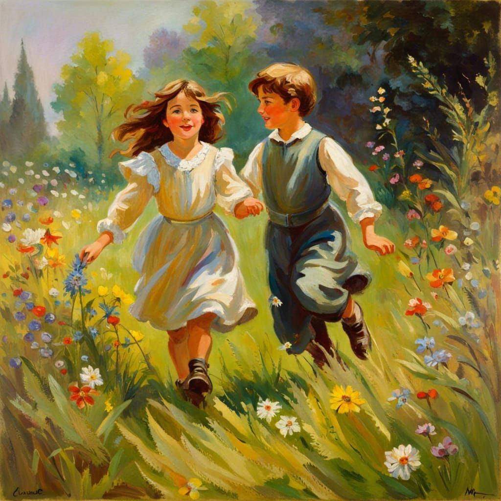 Children Frolicking in Wildflower Meadow: Impressionistic Oi...