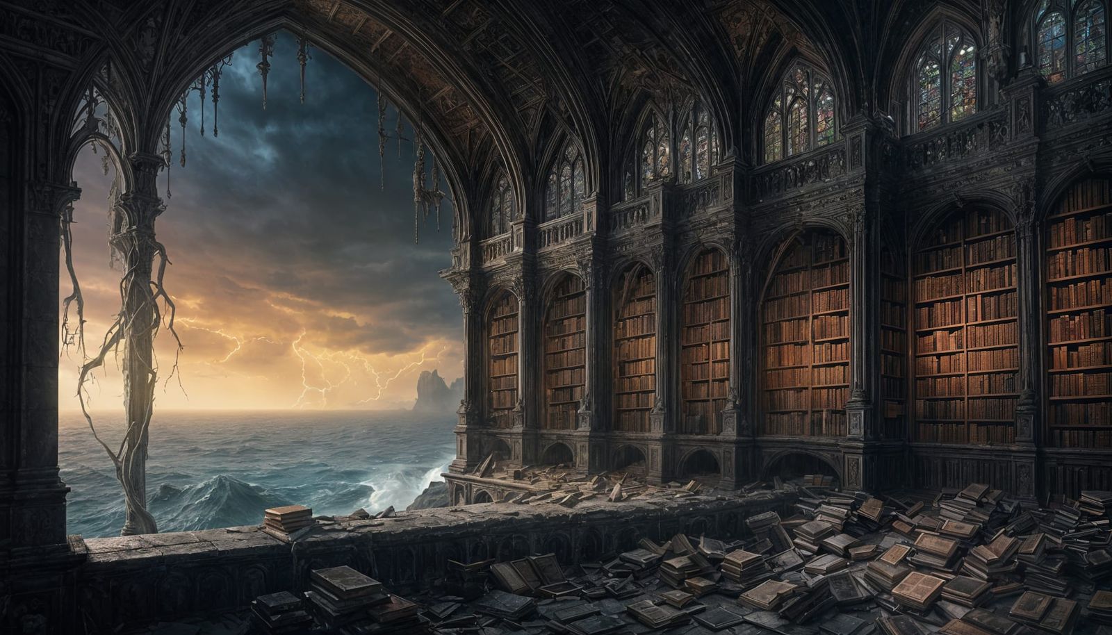 Dramatic Gothic Library on Windswept Cliff