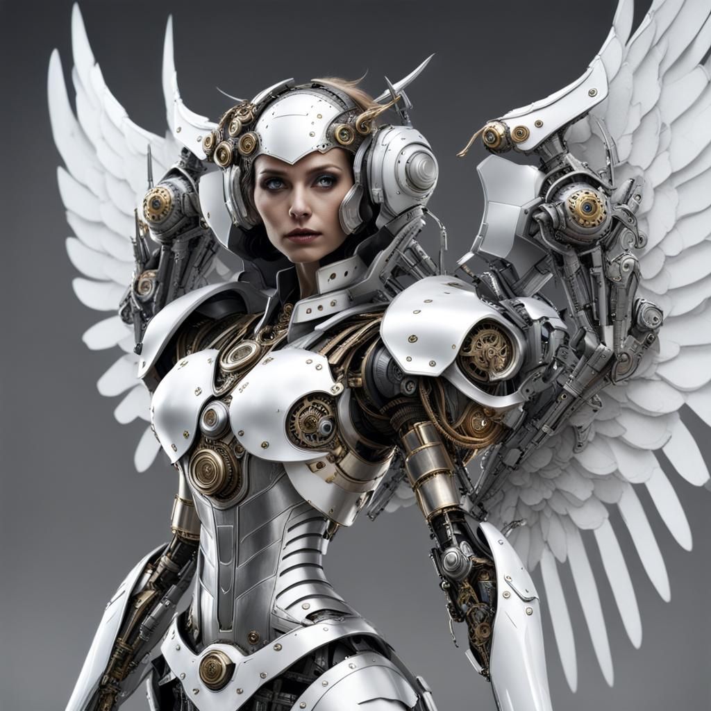Steampunk Robotic Angel in Silver Armor