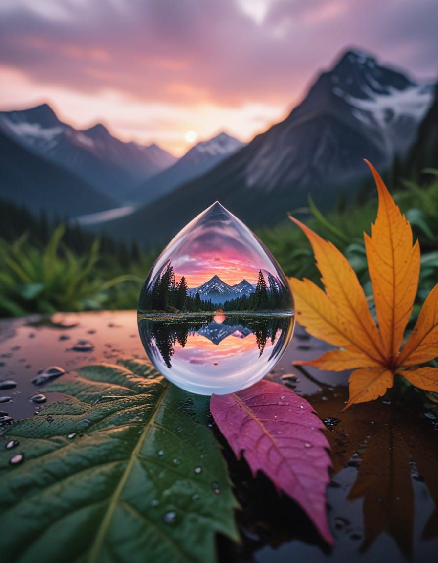 Surreal Water Droplet Reflects Majestic Mountain Landscape