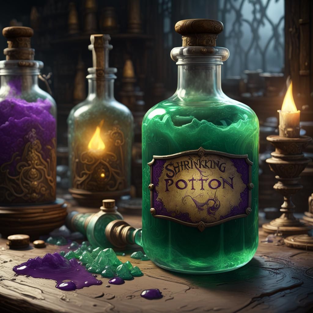 Shrinking Potion in Witch's Workshop, Dark Fantasy Art