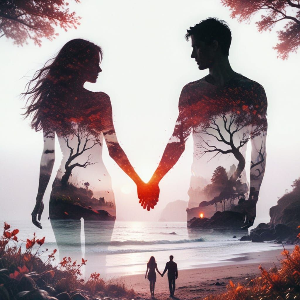 Surreal Double Exposure: Couple Walking on Shore