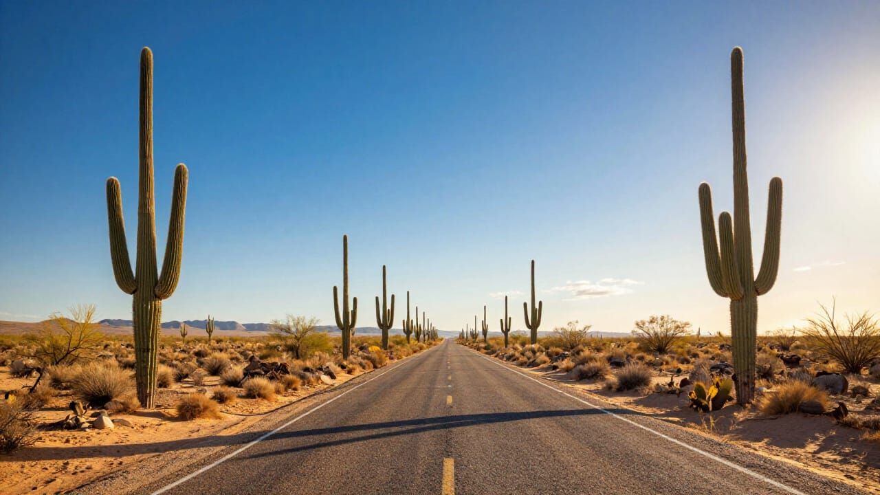 Vast Desert Road with Saguaro Cacti in Golden Hour
