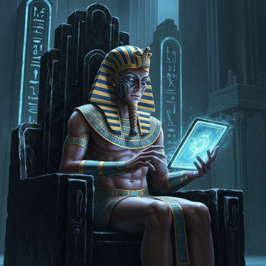 Gothic Pharaoh Inspects Futuristic Tablet