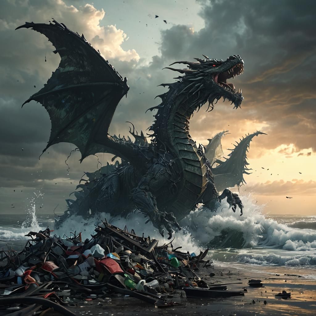 Garbage Dragon Emerges from Ocean: Dark Fantasy Art