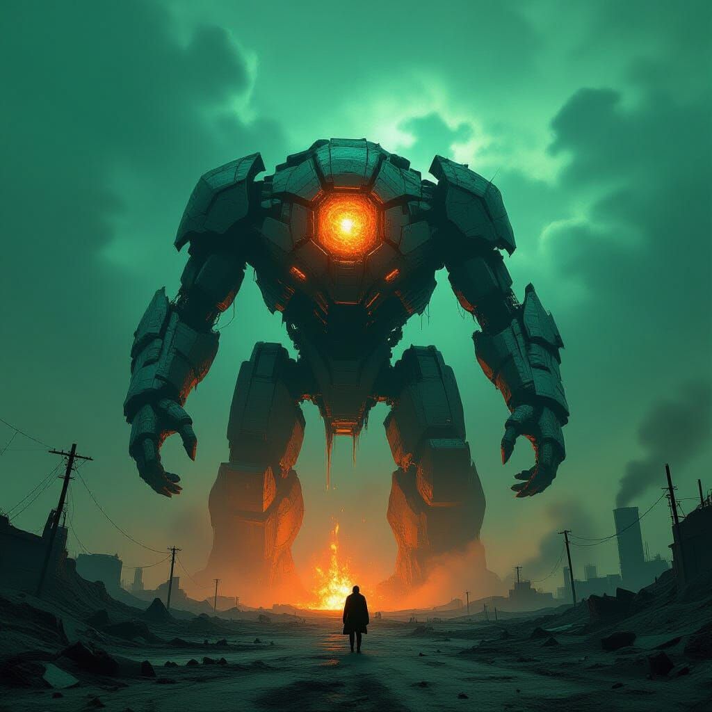 Bio-Mechanical Titan Emerges from Ash Wasteland
