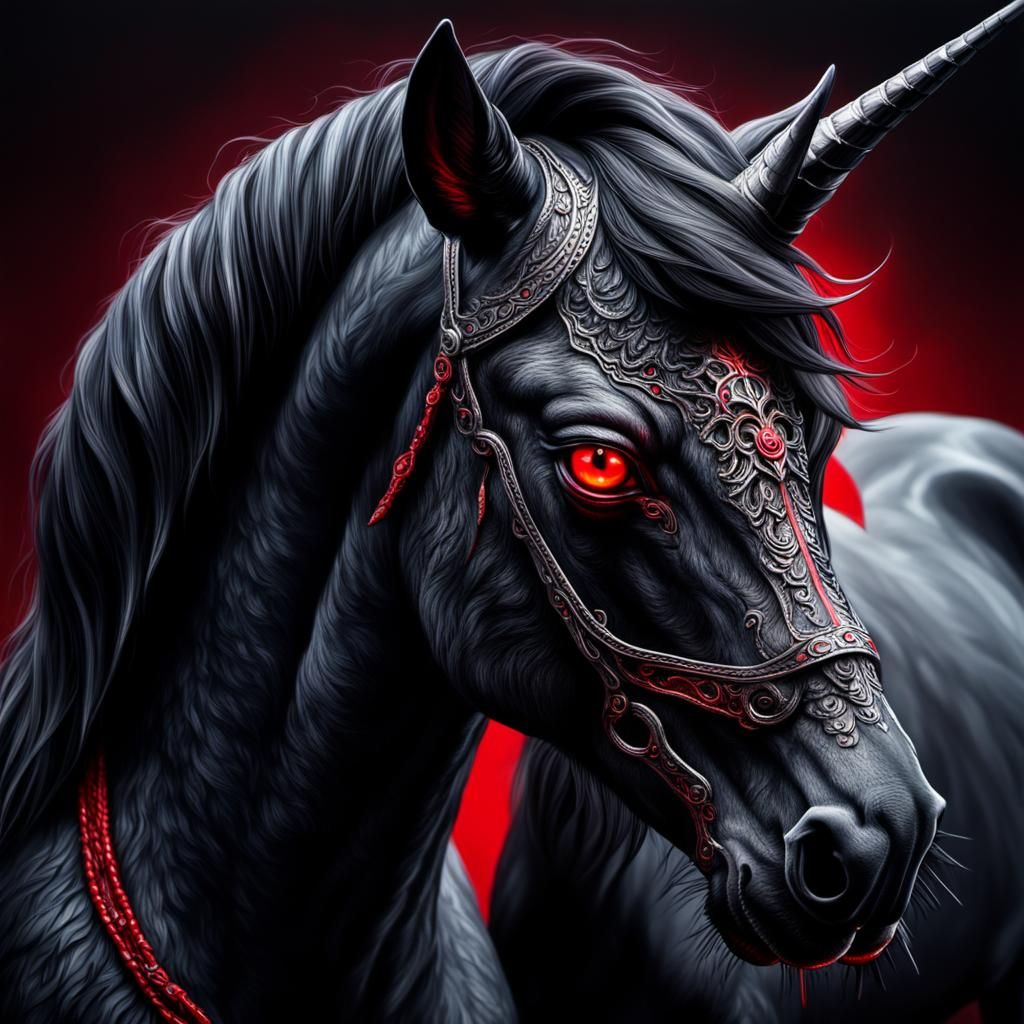 Hyperrealistic Black Unicorn with Red Eyes