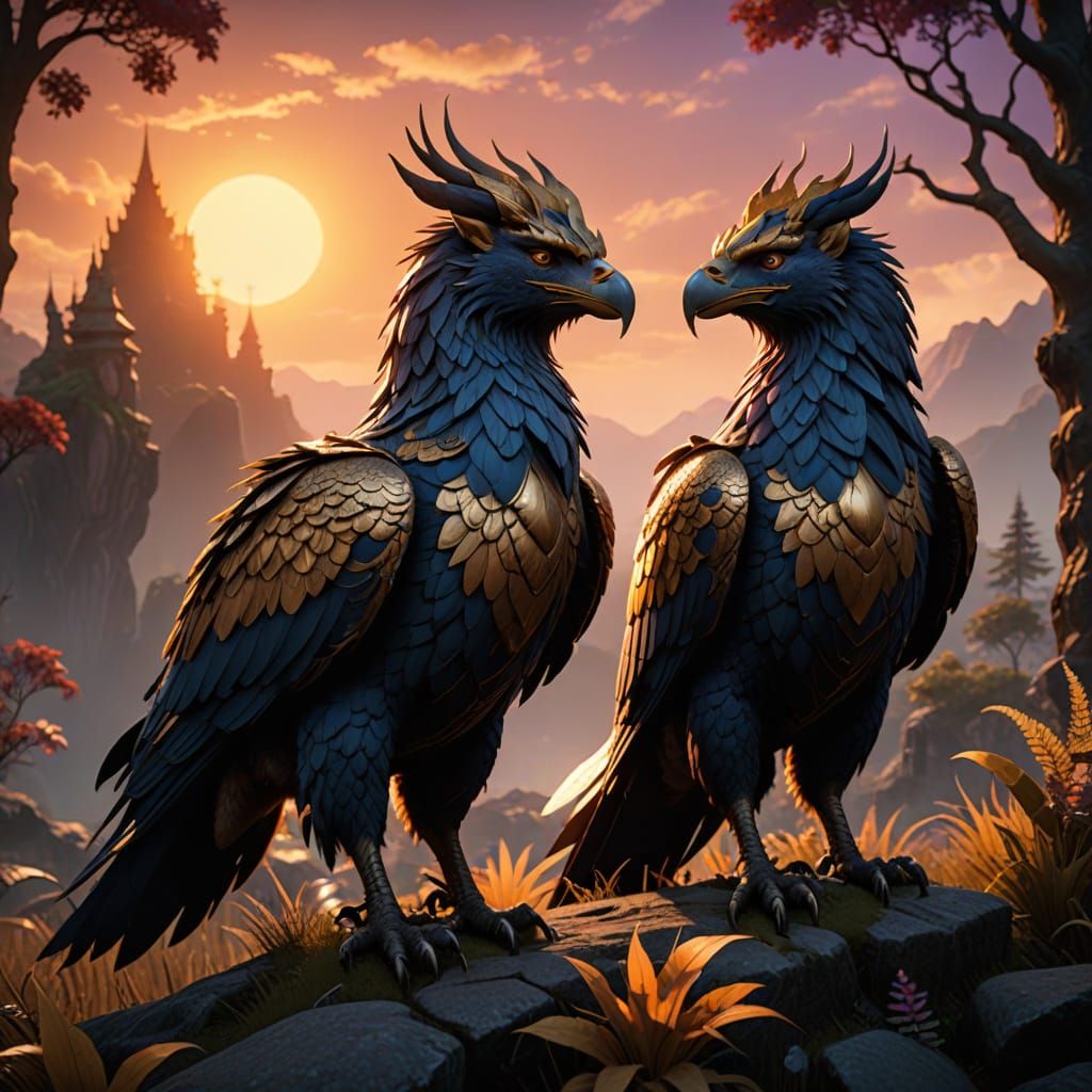 Surreal Sunset Encounter with Two Majestic Griffins