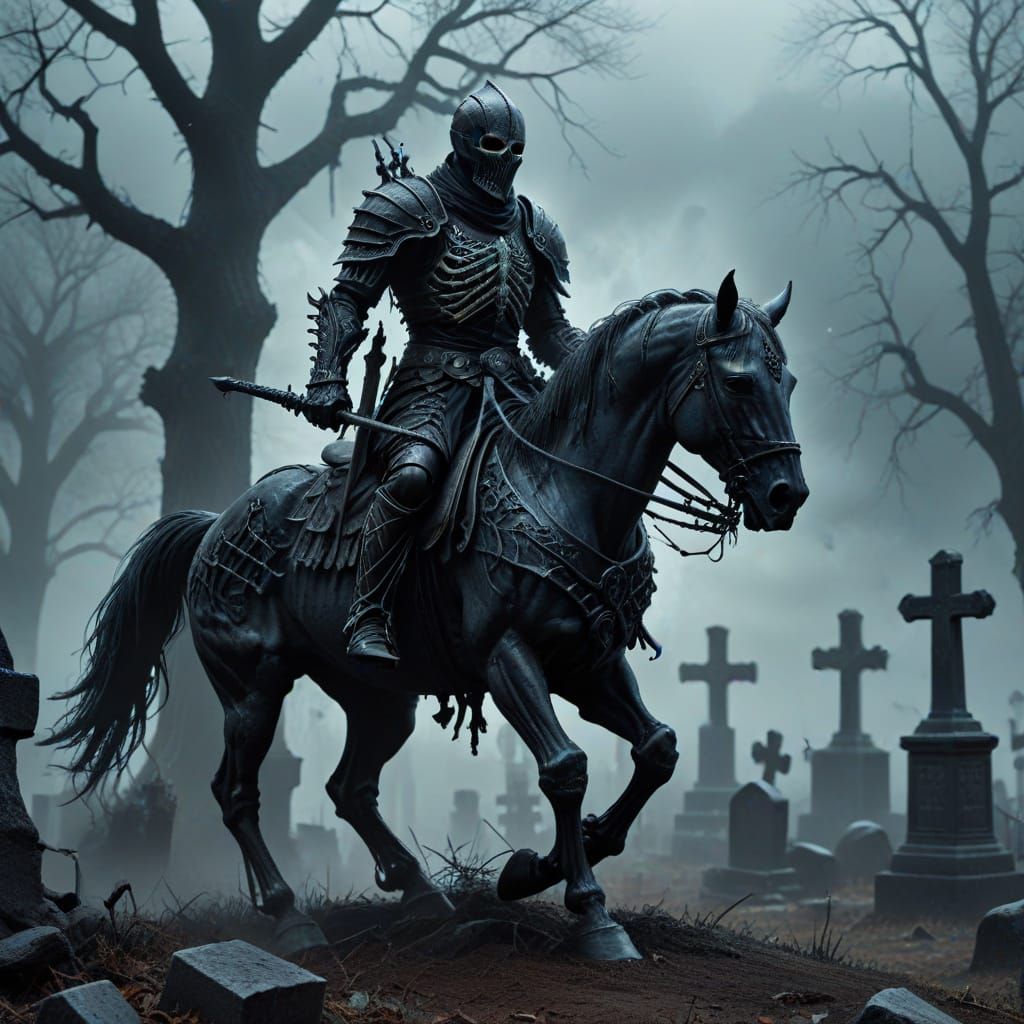 Spectral Knight on Skeletal Steed in Foggy Graveyard