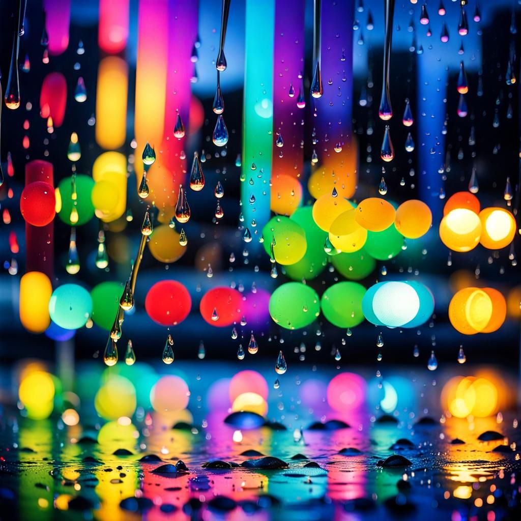 Rainbow Raindrops on Window at Night