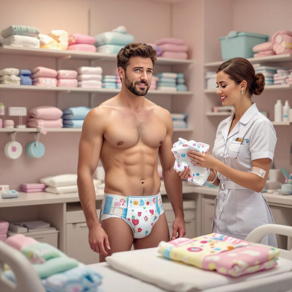 Man Blushing in ABDL Specialty Room: Photorealistic Image