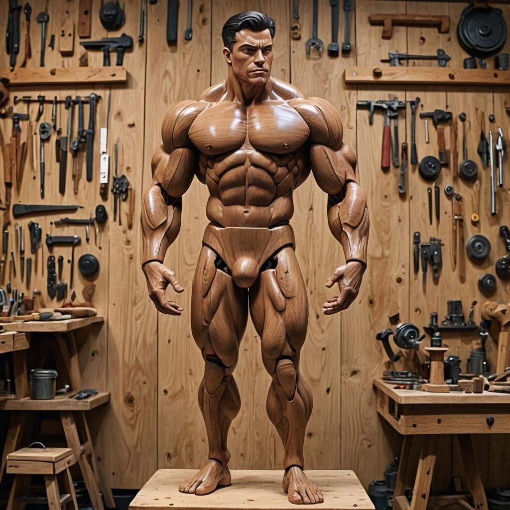 Hyperrealistic Wooden Puppet Bodybuilder in Workshop