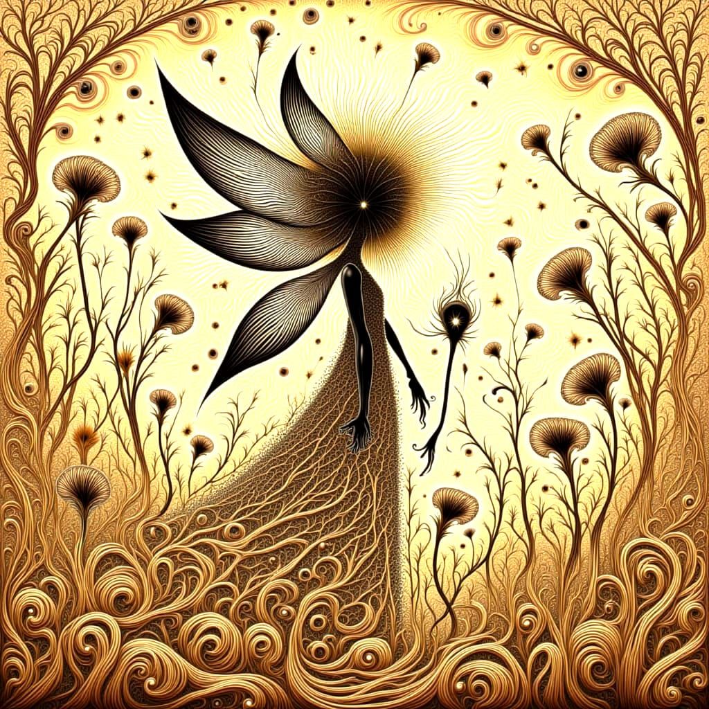 Winged Elf Child with Dandelion Seeds in Sunlit Forest