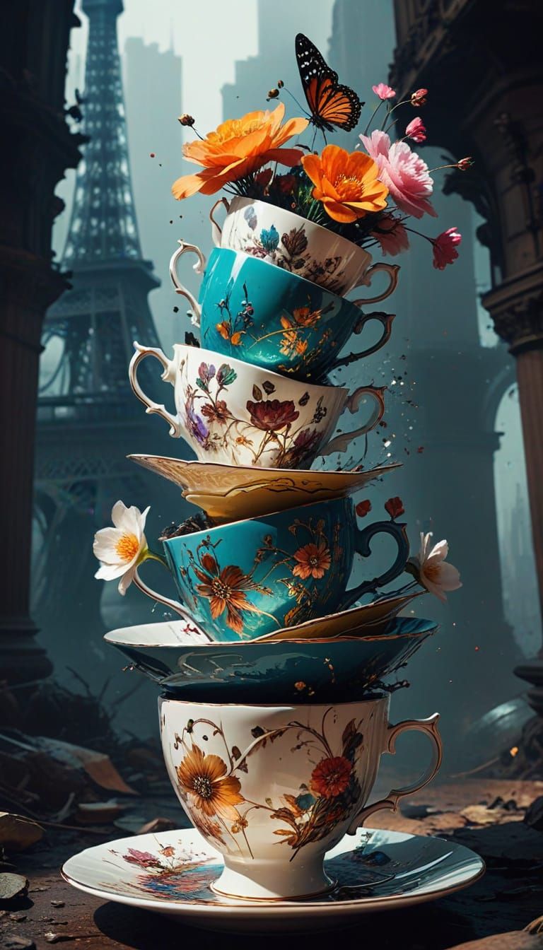 Whimsical Eiffel Tower of Teacups and Flowers