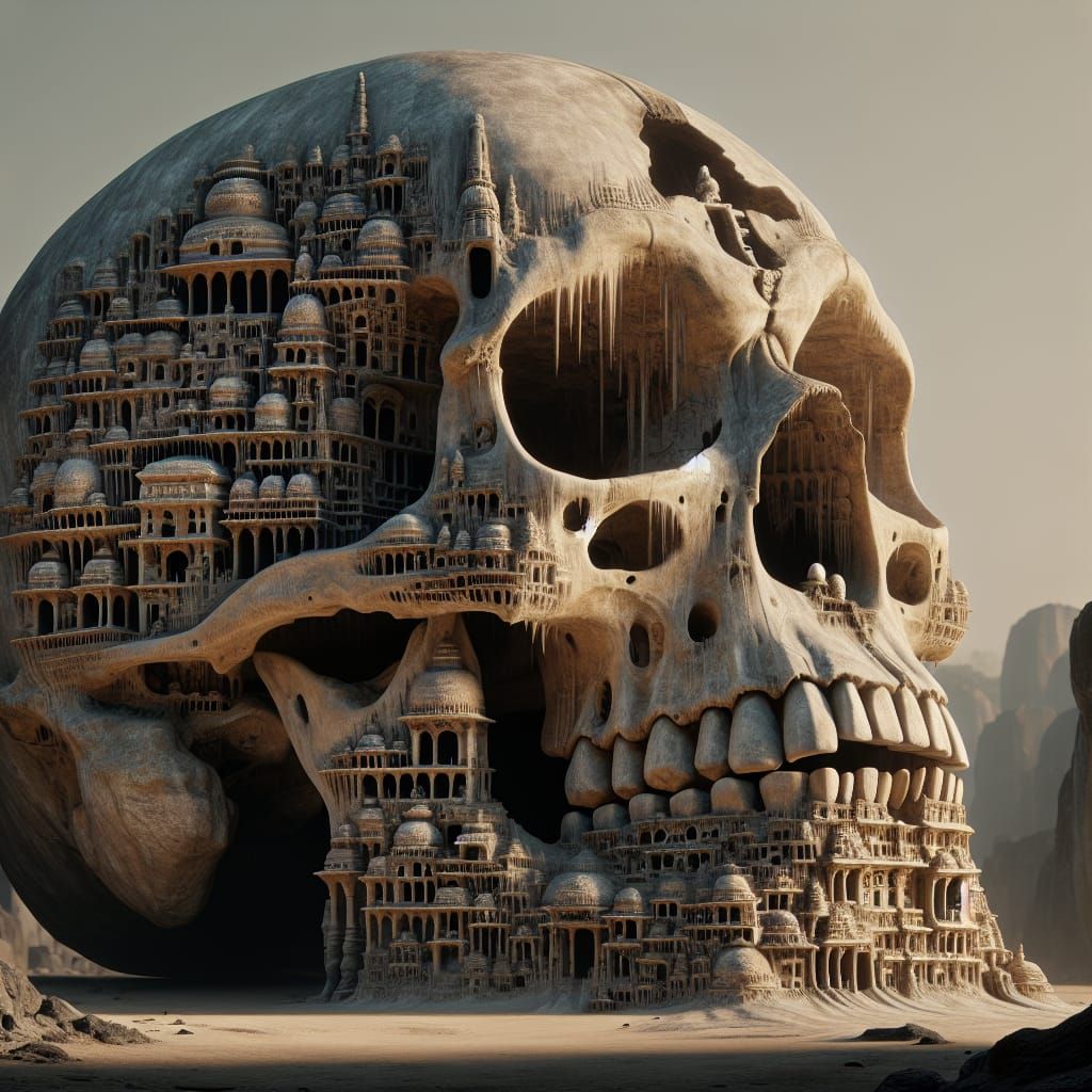 Post-Apocalyptic Giant Skull City Inspired by Ellora Caves