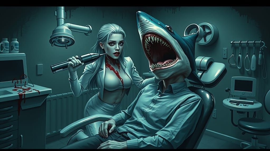 Mermaid Dentist with Shark Patient in Dark Digital Art