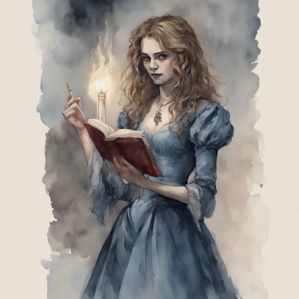 Vampire Hermione in Watercolour with Spellbook