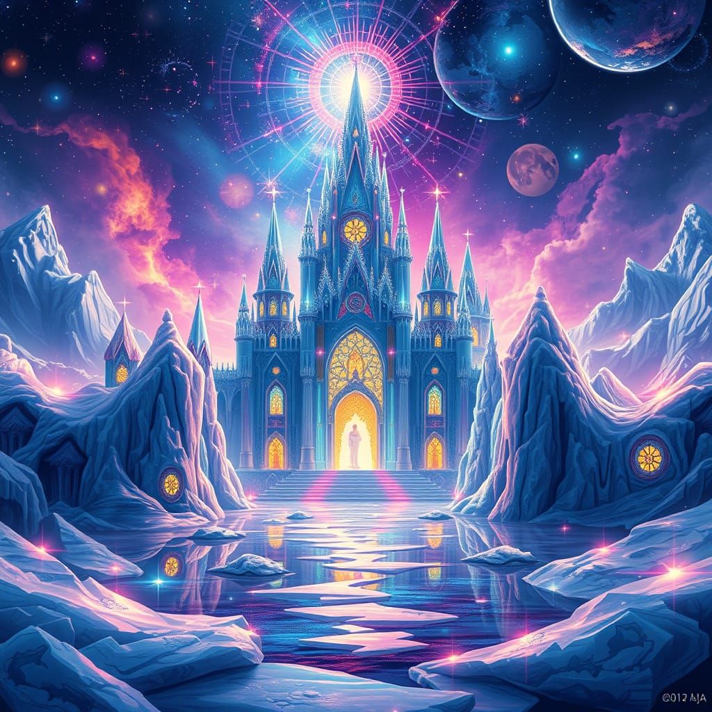 Shimmering Ice Palace with Astral Lights in Mixed Media