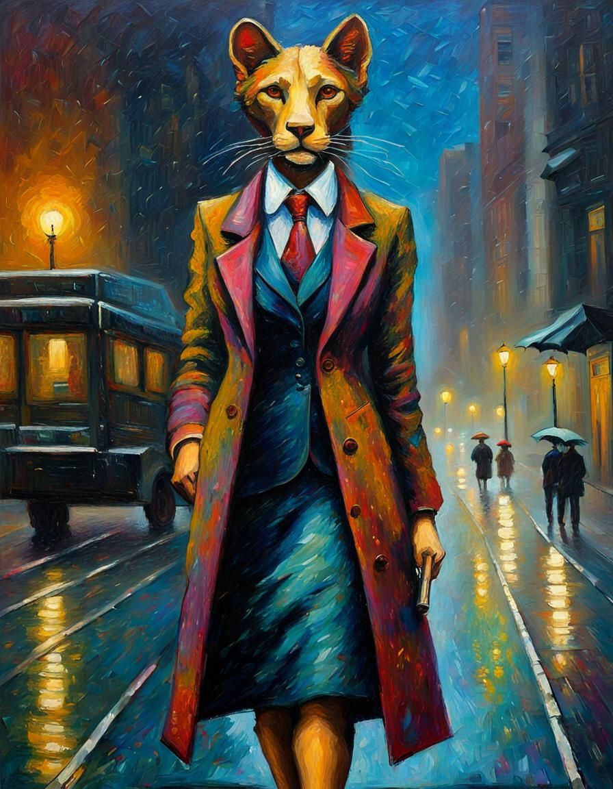 Sekhmet in Cityscape: Expressionist Impasto Painting