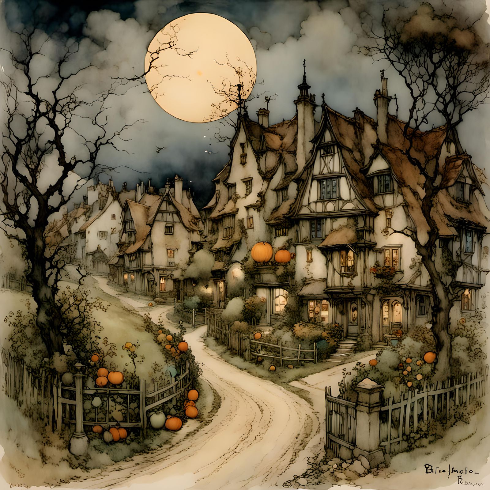 Village, harvest moon <lora:RackhamBurton1:1.0>