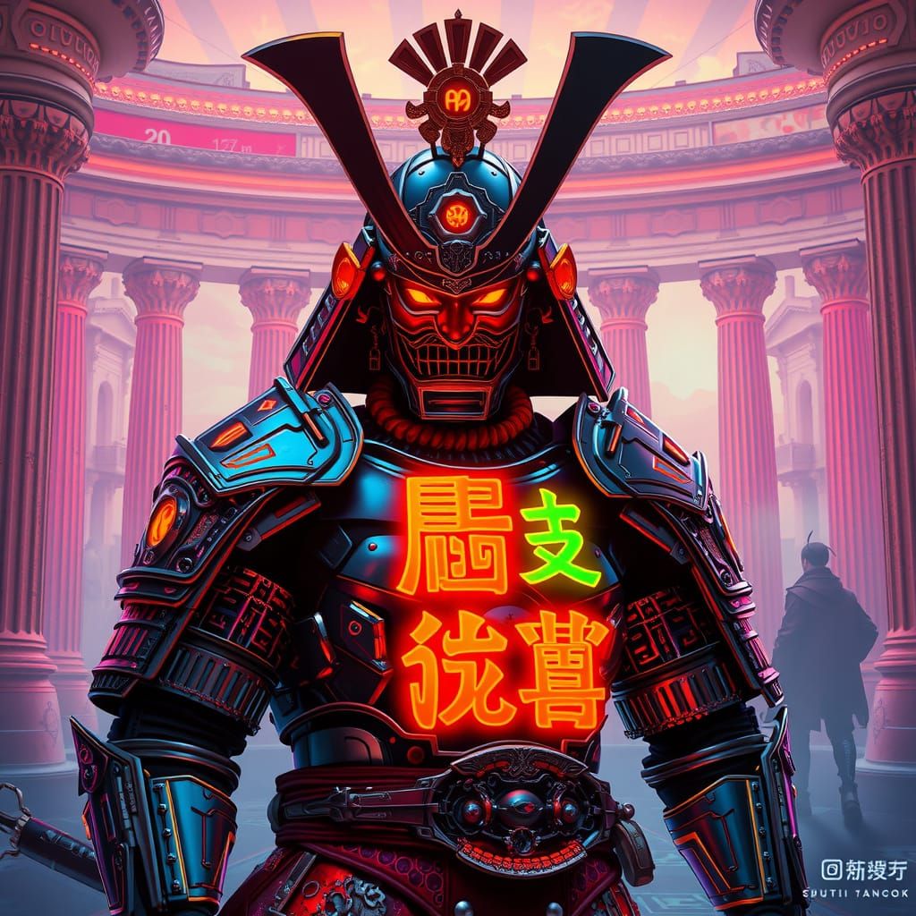 Cyberpunk Samurai Warlord in Futuristic Roman Temple