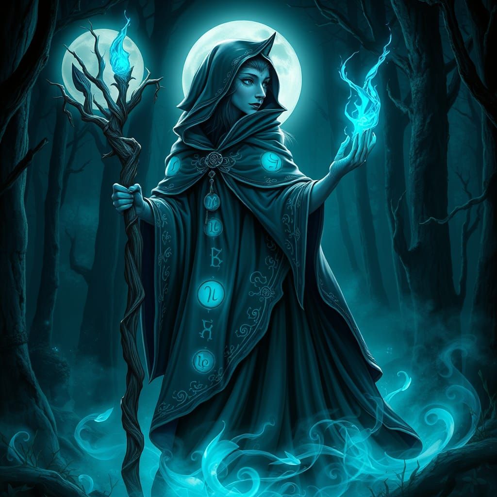 Regal Wolf Sorceress in Moonlit Glade