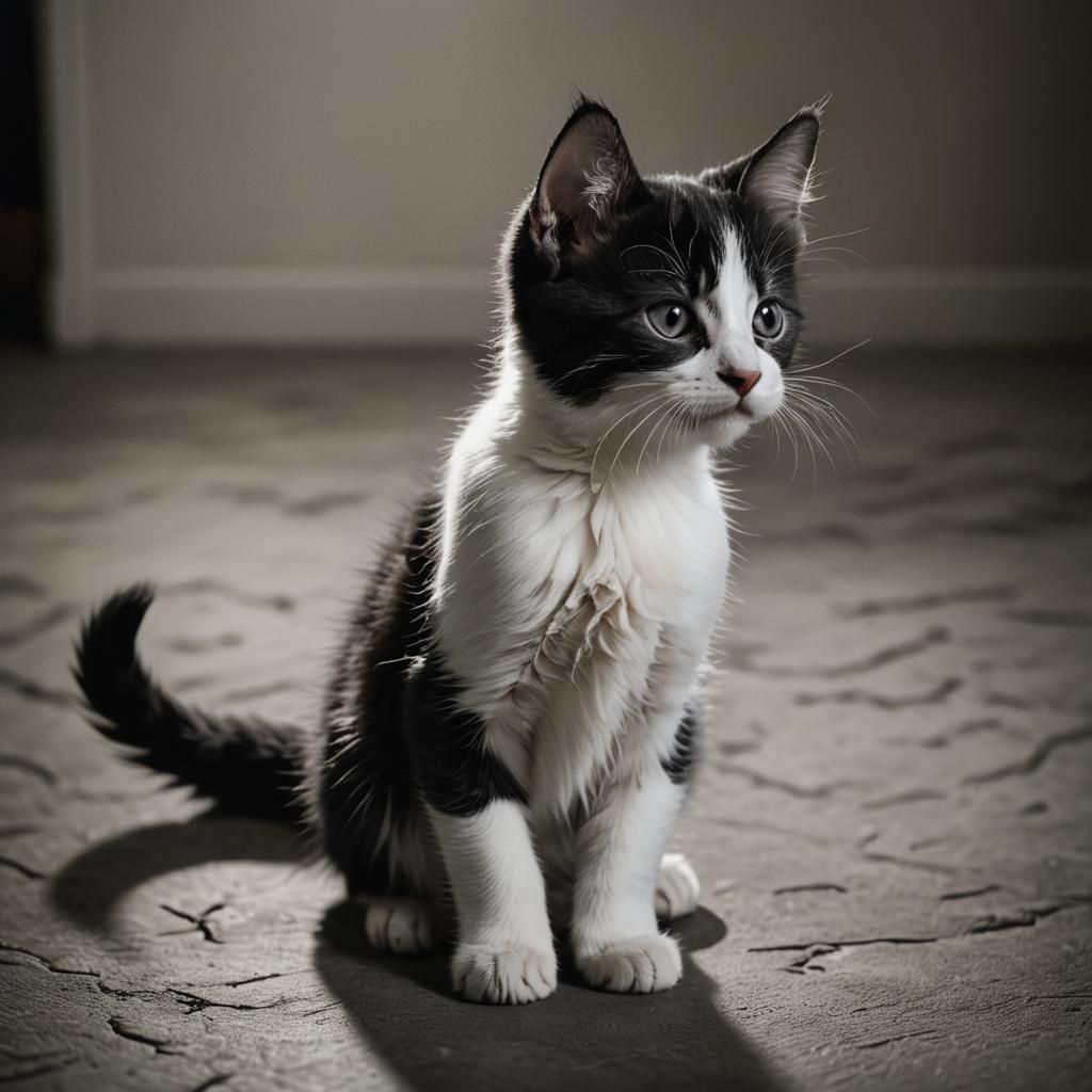 Hyperrealistic Black and White Kitten Portrait