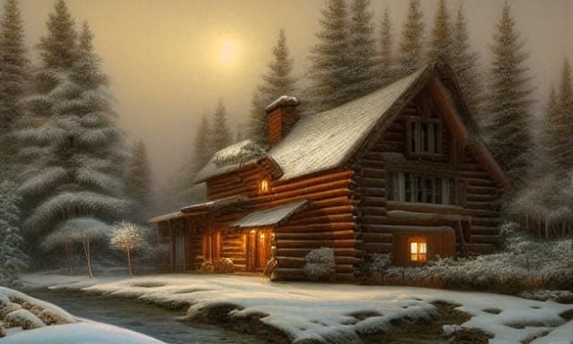 Romantic Winter Cabin Scene with Elk