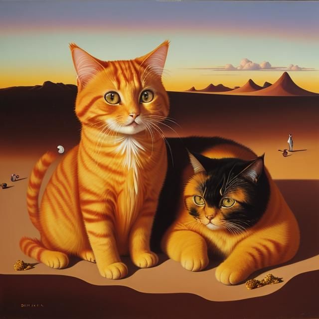 Surreal Ginger Cat in Puce Desert, Dali Style
