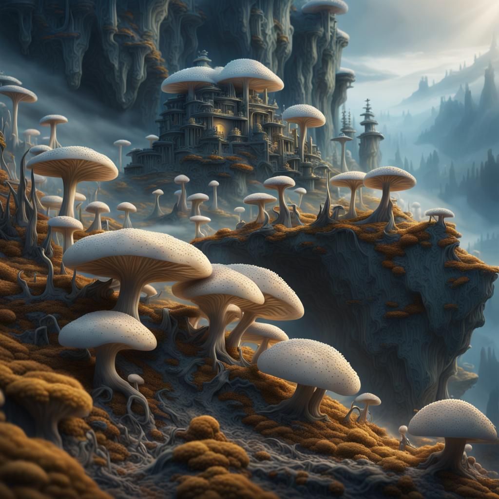Hyperrealistic Mycelium Settlement on Misty Hillside