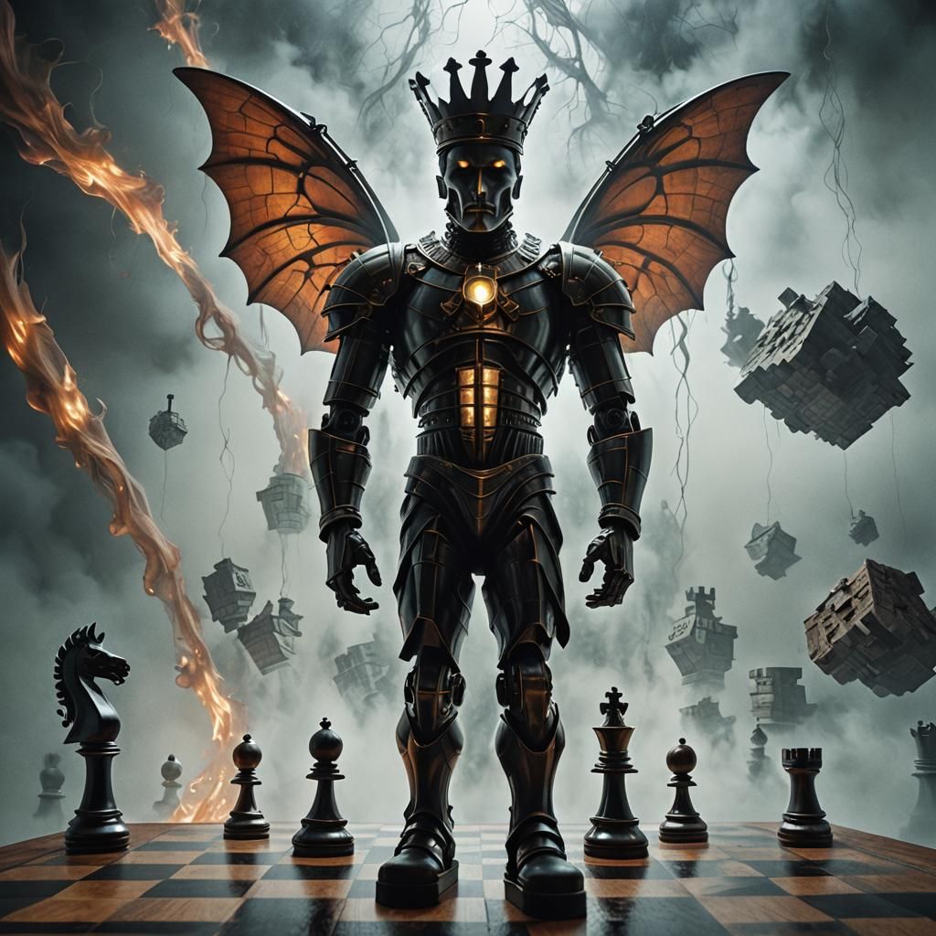 Surreal Chessboard with Twisted Pieces in Eerie Mist