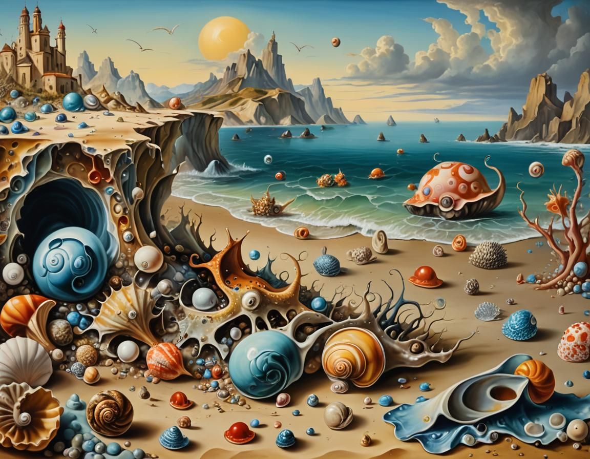 Surreal Shore Landscape with Exotic Sea Creatures