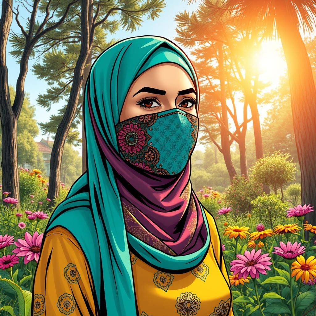 Muslim Woman in Garden, Comic Book Illustration