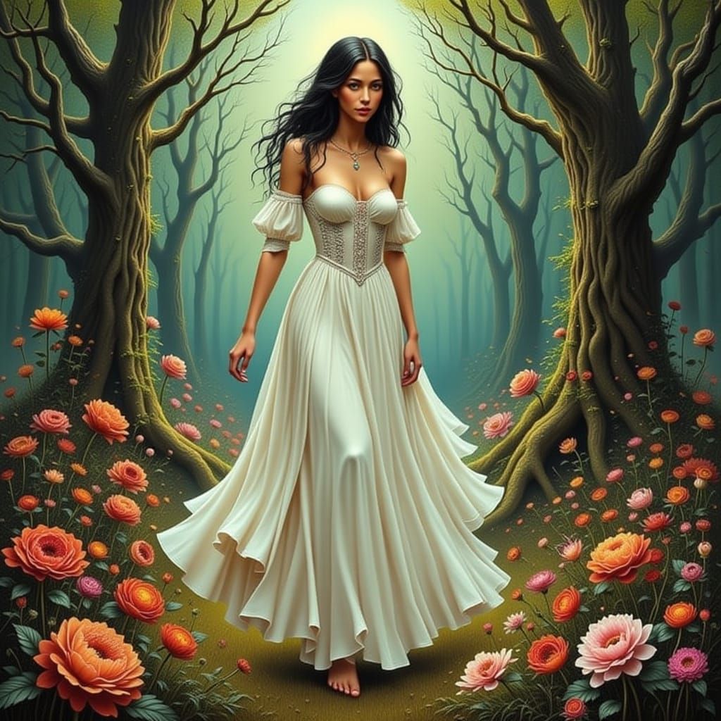 Woman in Forest, Alphonse Mucha Style Illustration