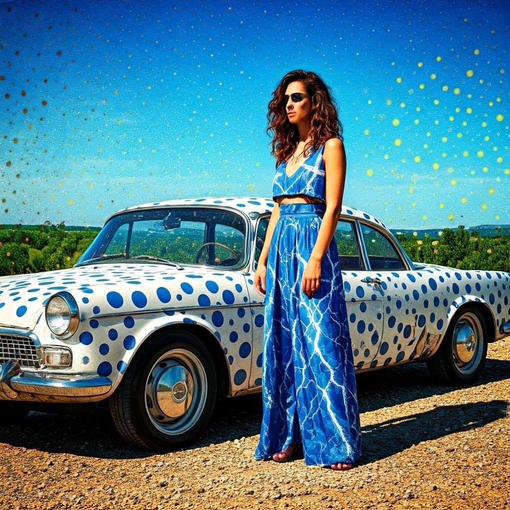 Surreal Polka Dot Scene with Lightning Outfit