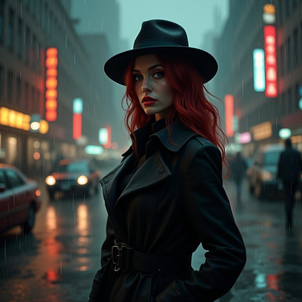 Redhead in Fedora, Rainy Cityscape, Film Noir Style